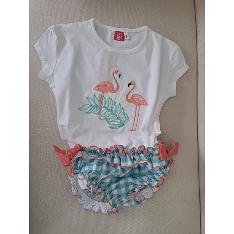 Conjunto baño niña flamenco. con lazos en braguita