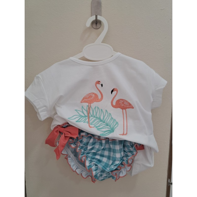 Conjunto baño niña flamenco. con lazos en braguita