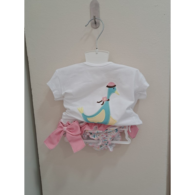 Conjunto baño niña pato gorro, con volante y lazos en braguita