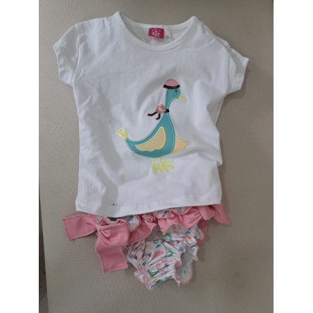 Conjunto baño niña pato gorro, con volante y lazos en braguita