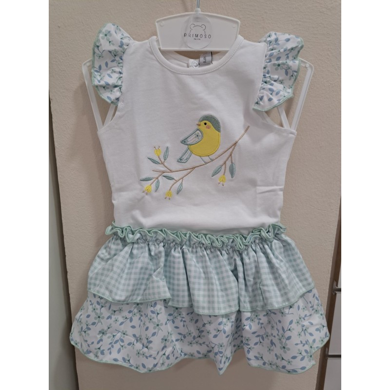 Conjunto niña bba pajaro rama verde agua