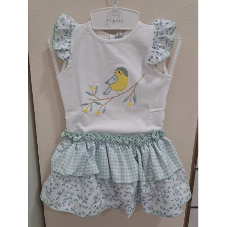 Conjunto niña bba pajaro rama verde agua