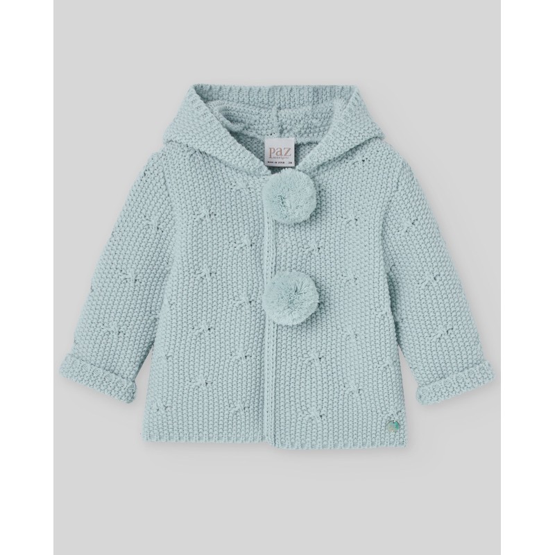 Chaquetón punto capucha y pompones