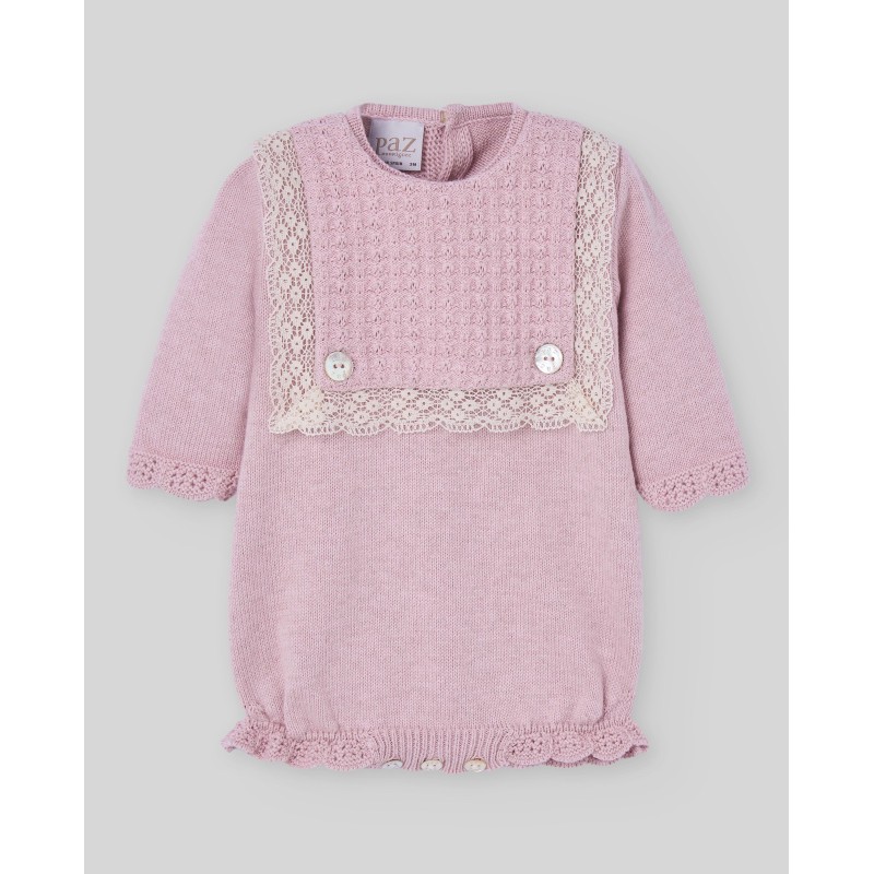 Pelele corto puntilla niña rosa de la marca española Paz Rodríguez